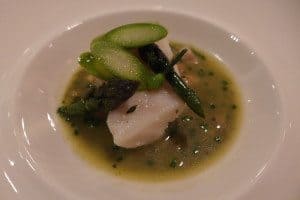 St-Jacques: Halibut cheeks with roasted asparagus, toasted nori and clam butter