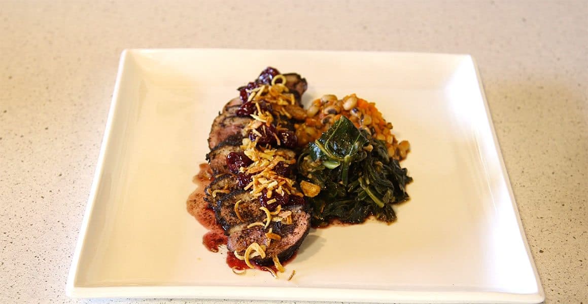 Coffee-rubbed Duck Breast With Black-eyed Pea Ragout, Collard Greens & Sour Cherries
