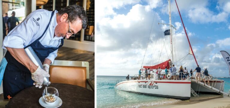 From left: Normand Laprise from Toqué! serves Quebec corn mousse; catamaran cruise