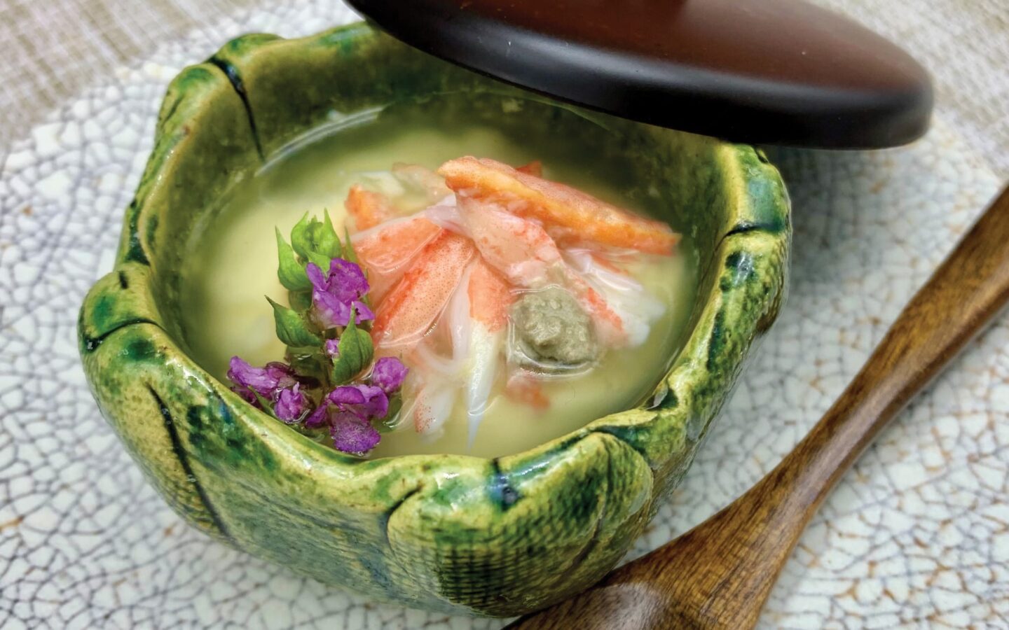 Chawanmushi with snow crab, tomalley and shiso flowers