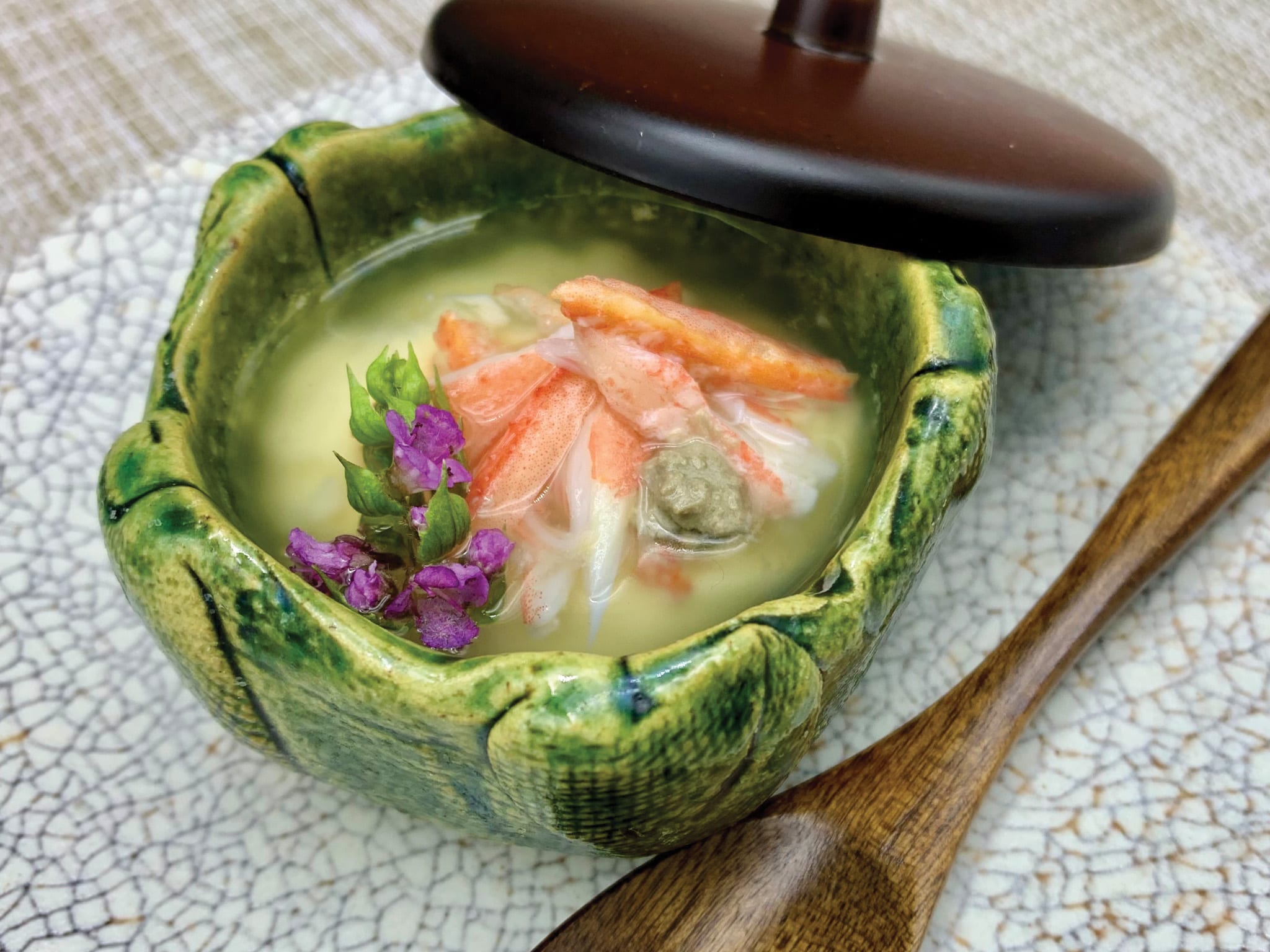 Chawanmushi with snow crab, tomalley and shiso flowers