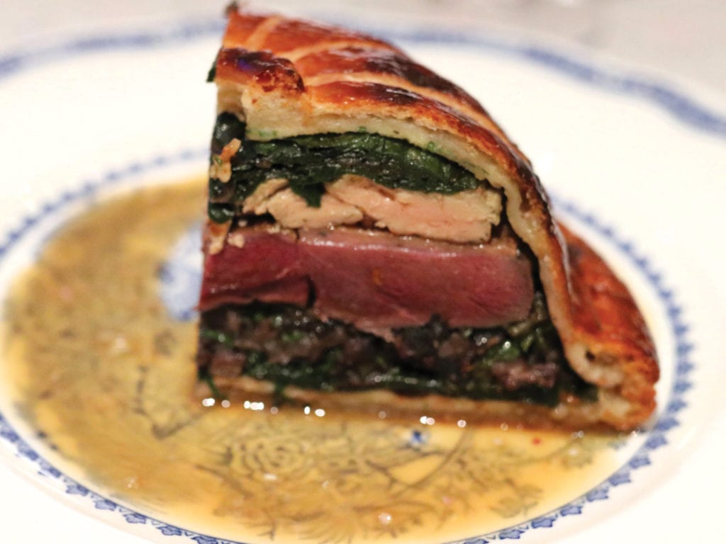 Mallard pie with mushroom, foie gras and chard