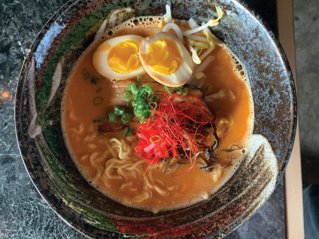 Smoked spicy miso ramen with egg and wood ear.