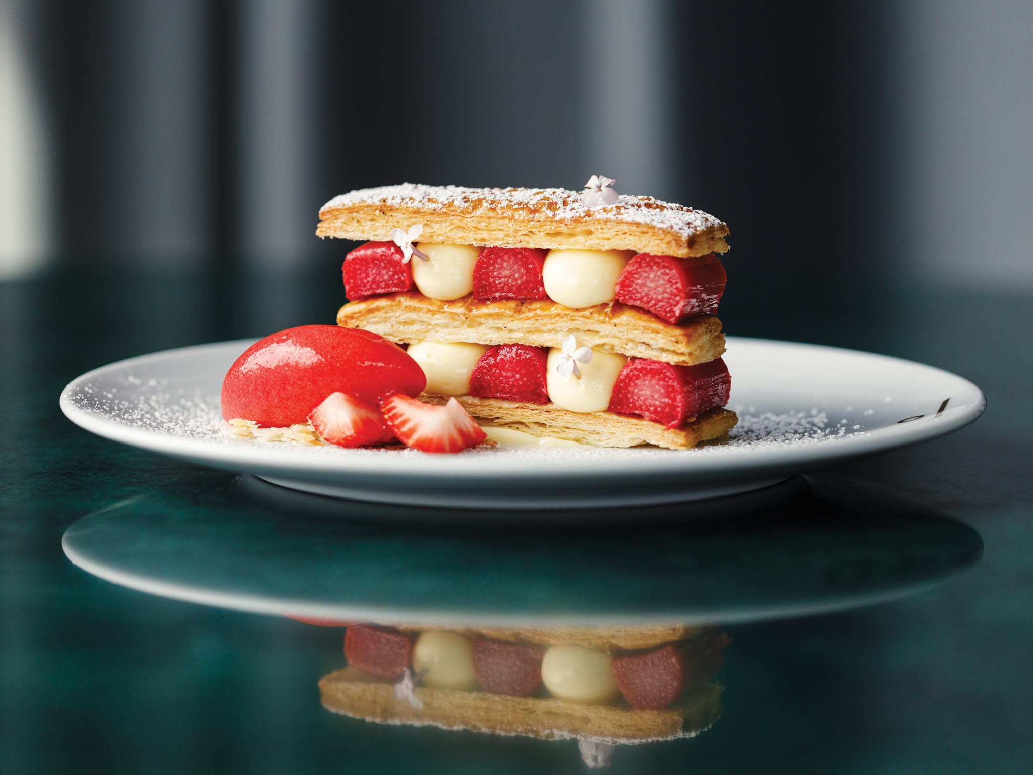 Mille-feuille with strawberry and rhubarb.
