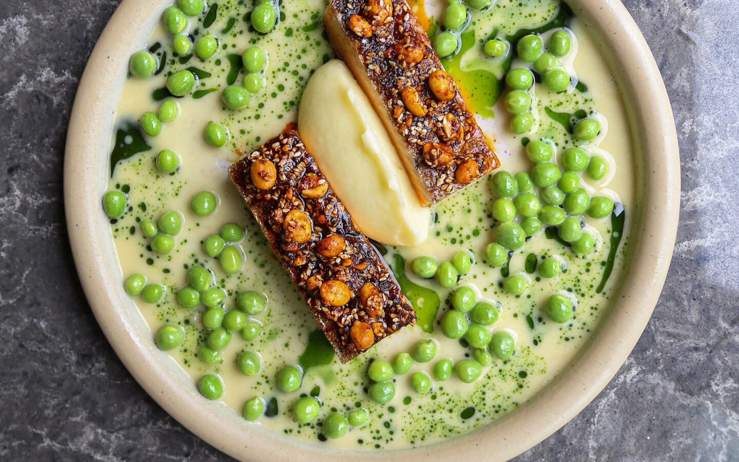 Trout, peas, kombu beurre blanc, salsa macha