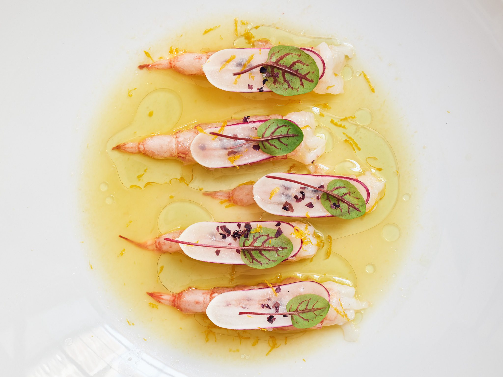 Spot prawn crudo with calamansi vinegar, olive oil and radish