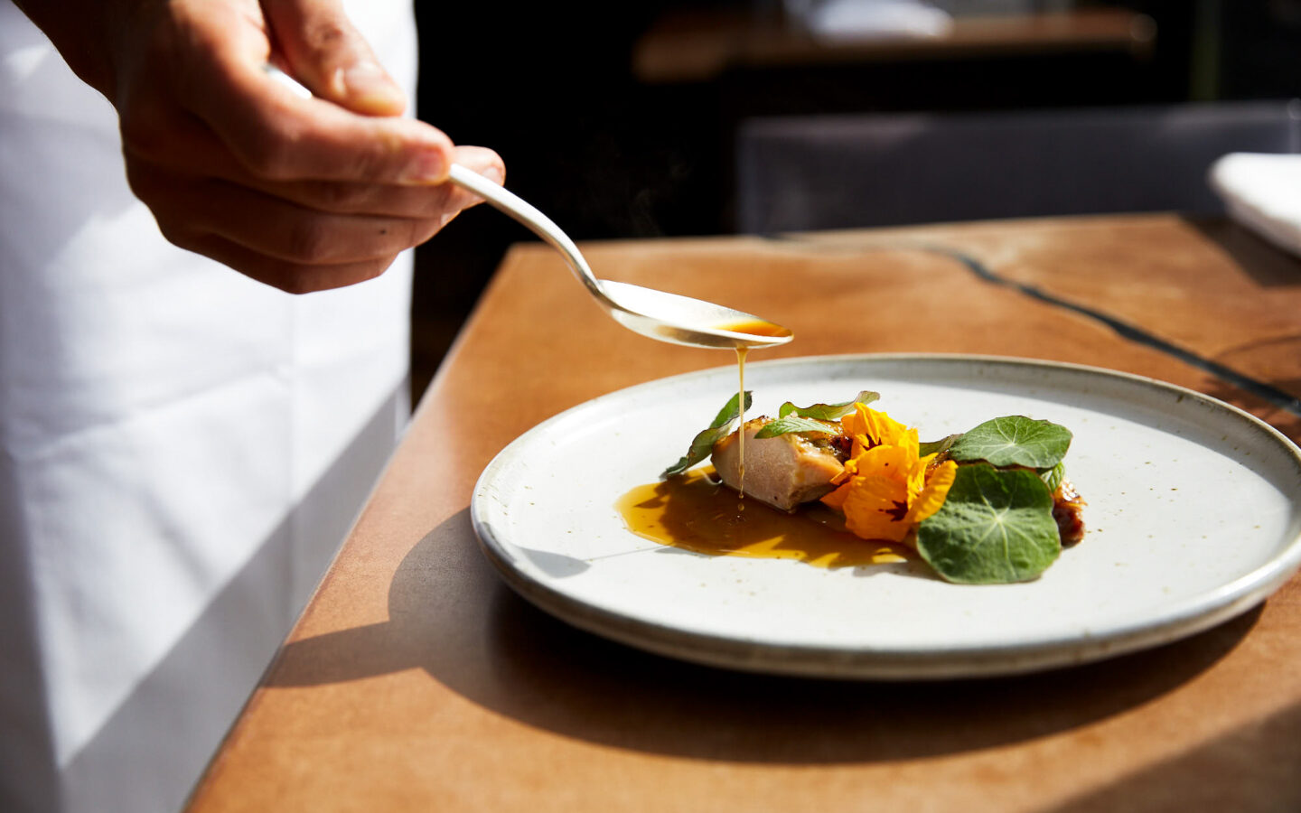 Roasted guinea hen, purée of summer mushrooms and nasturtium, hazelnut jus.