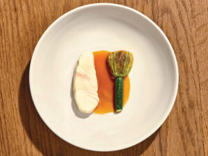 Halibut, zucchini, root vegetable jus.