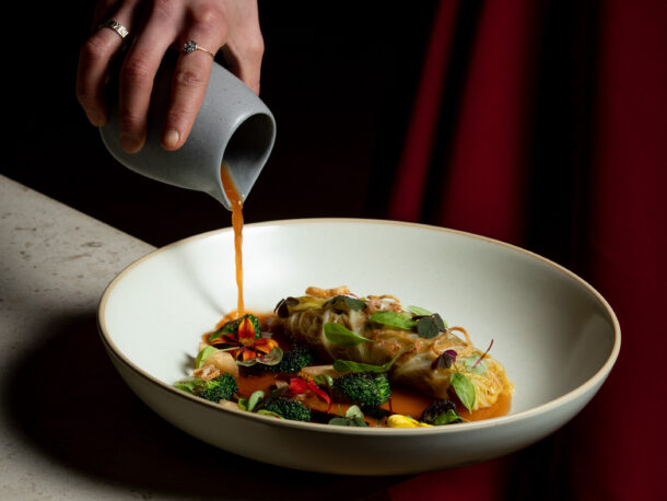 Cabbage roll with wild mushrooms, fava beans, spring radishes, chorizo, epazote.
